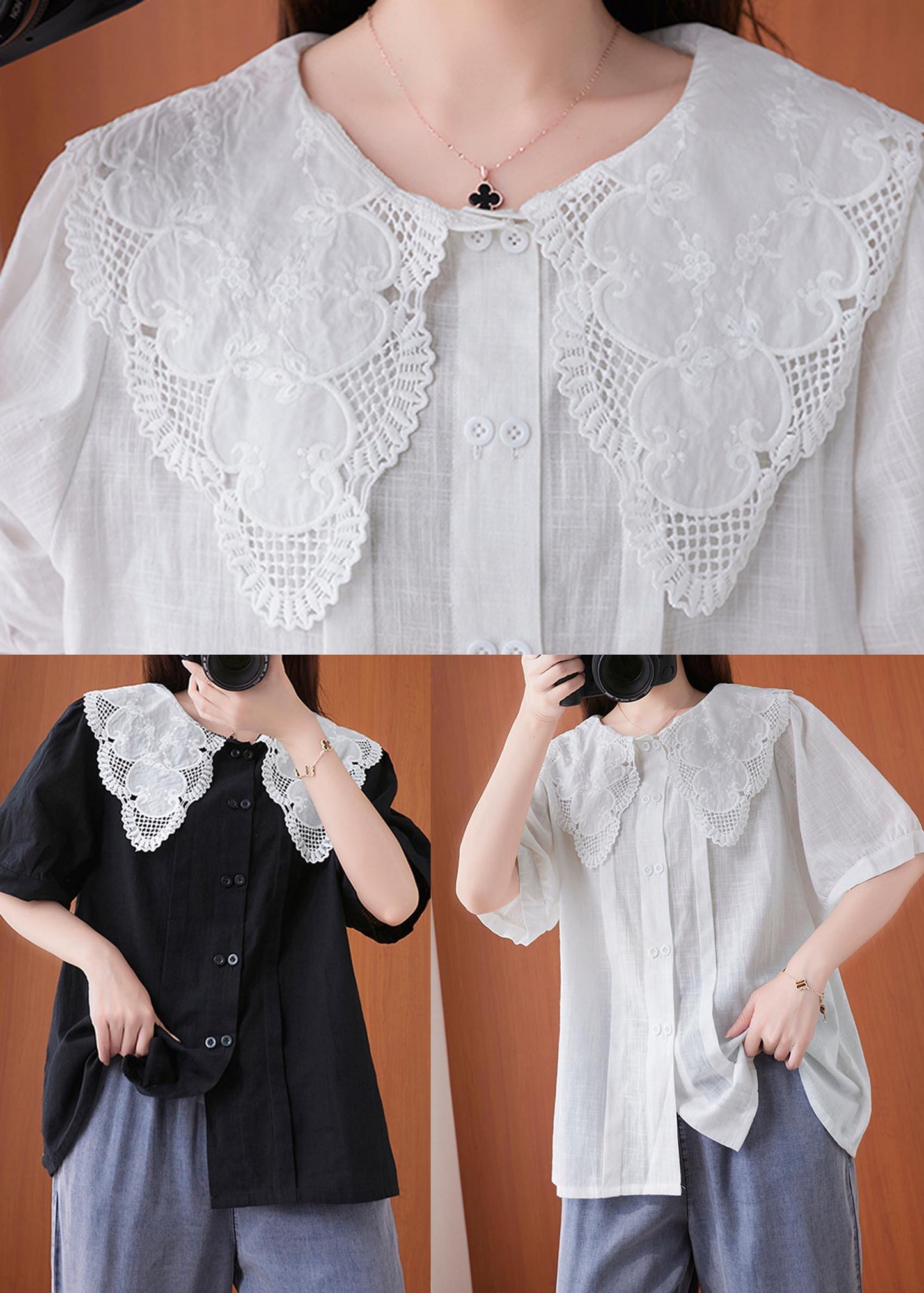 Bohemian White Peter Pan Collar Button Cotton Linen Tops Summer - SooLinen