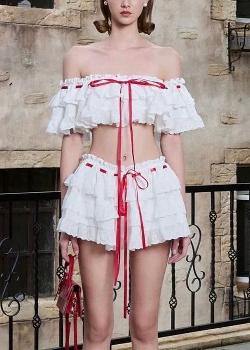 Bohemian White Ruffled Lace Up Cotton Two Piece Set Summer