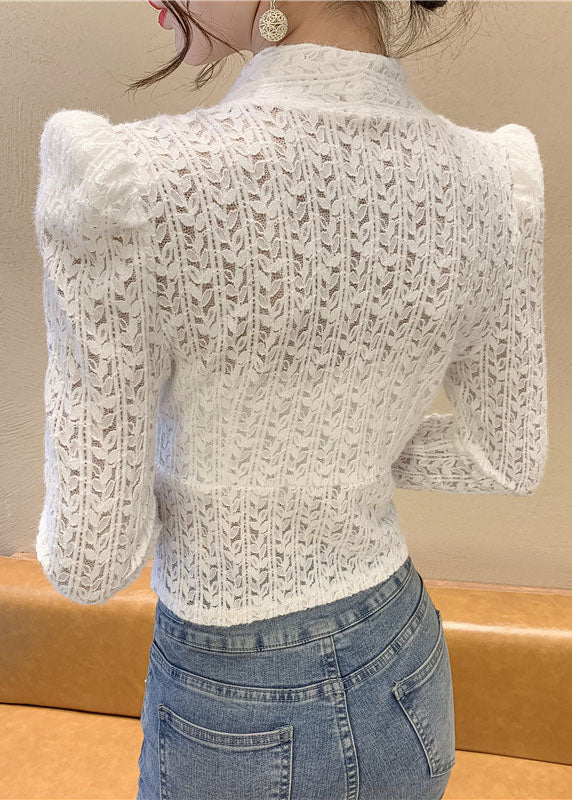 Bohemian Weiß Pailletten V-Ausschnitt Spitze Tops Frühling