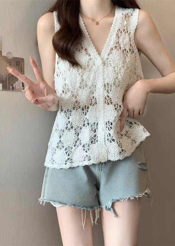 Bohemian White V Neck Knit Tops Sleeveless