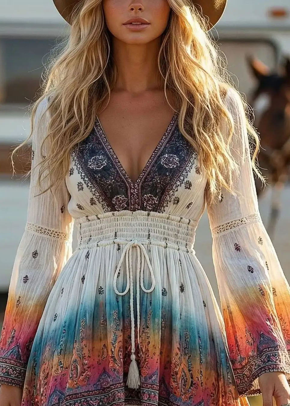 Bohemian White V Neck Print Drawstring Tassel Shift Dress Flare Sleeve