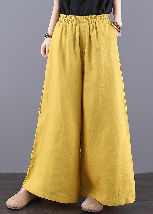 Bohemian Yellow Elastic Waist Pockets Linen Pants Summer
