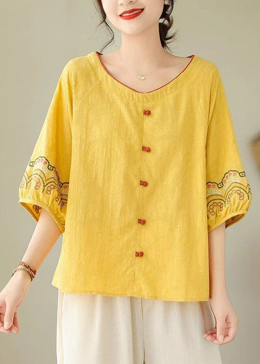 Bohemian Yellow Embroidered Shirt Half Sleeve