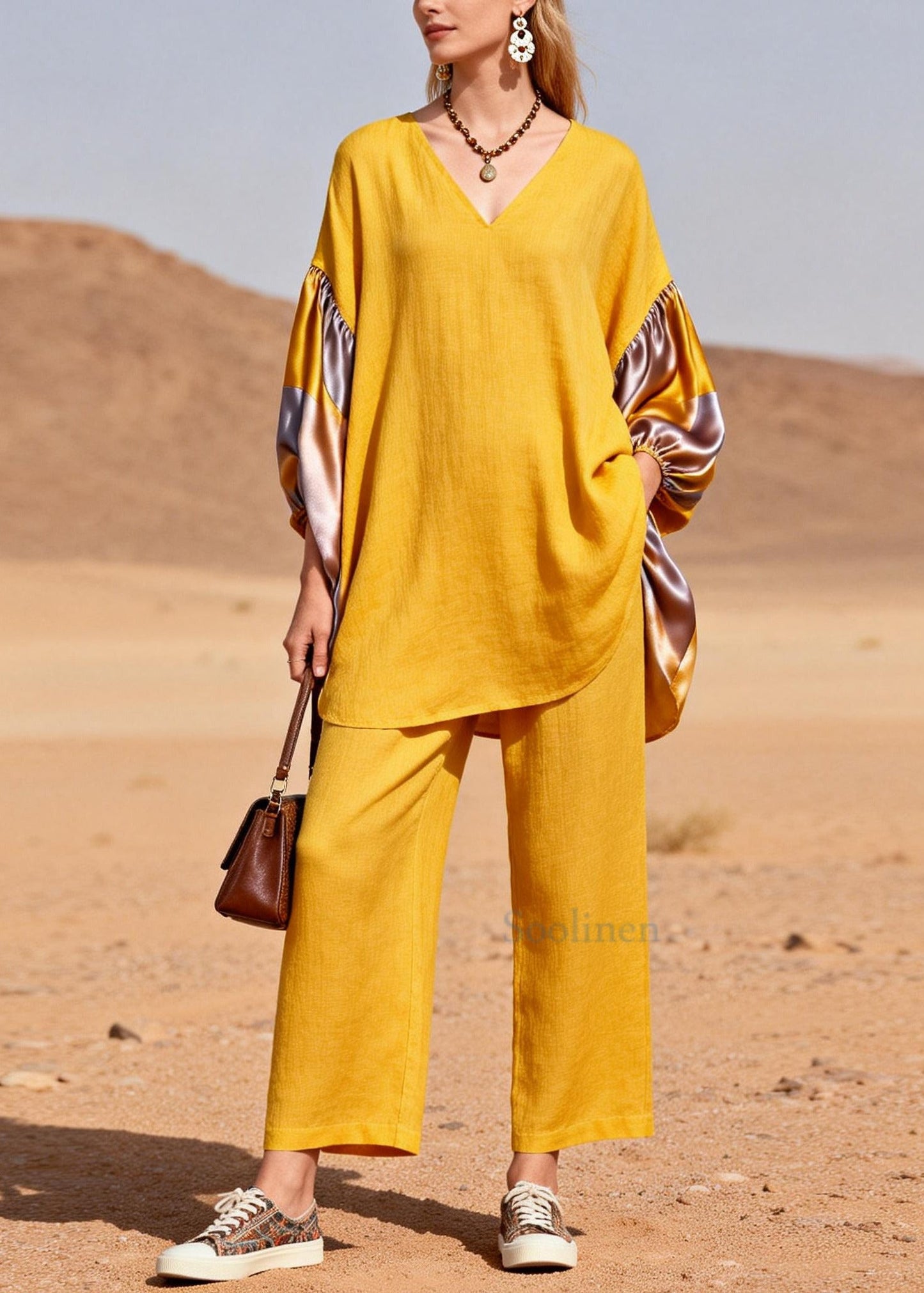 Bohemian Yellow Oversized Patchwork Silk Cotton Two Pieces Set Spring