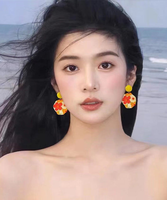 Bohemian Yellow Srerling Silver Floral Drop Glaze Drop Earrings