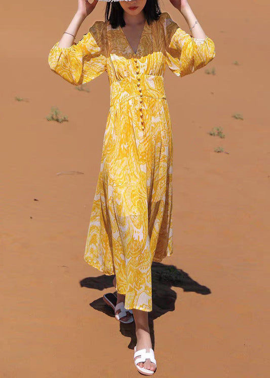 Bohemian Yellow V Neck Print Chiffon Long Dresses Fall