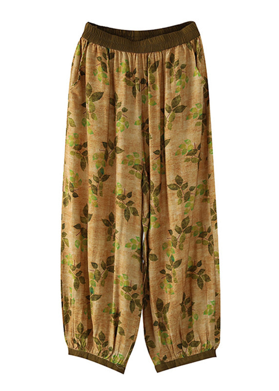 Pantalones bombachos bohemios amarillos con cintura elástica arrugada