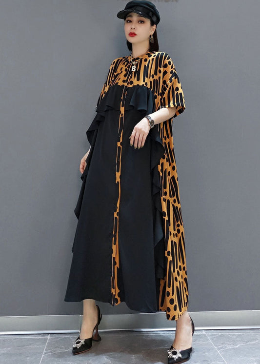 Bohemian Gelb taste Rüschen Patchwork Chiffon Langes Kleid Frühling