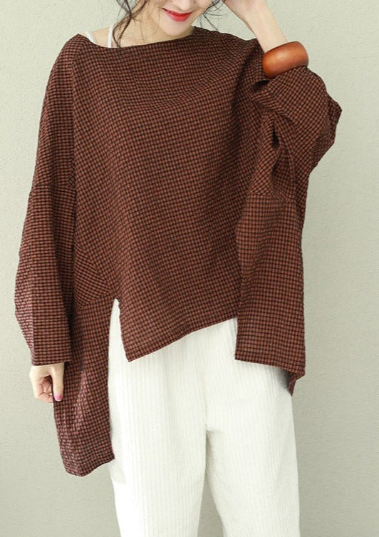 Bohemian asymmetrische Baumwolle Damen Fine Work blau kariert übergroße Tops