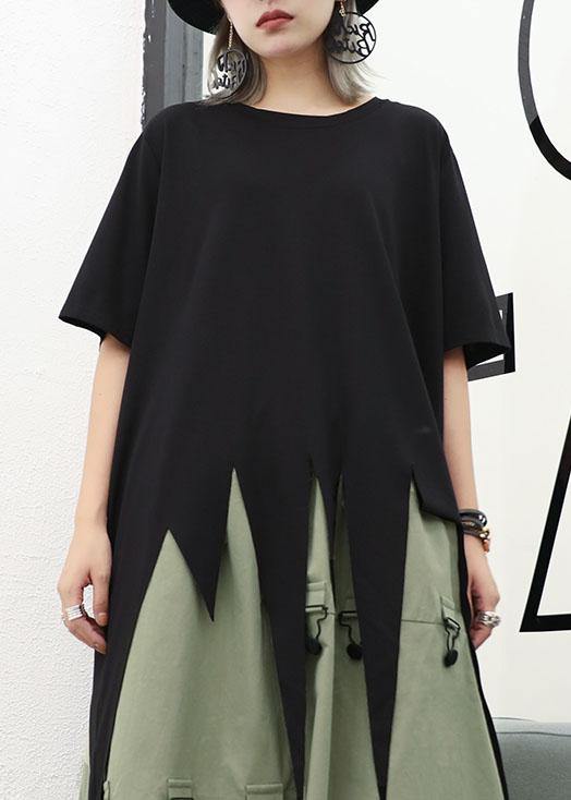 Bohemian asymmetric hem cotton Long Shirts design black o neck shirts summer - SooLinen