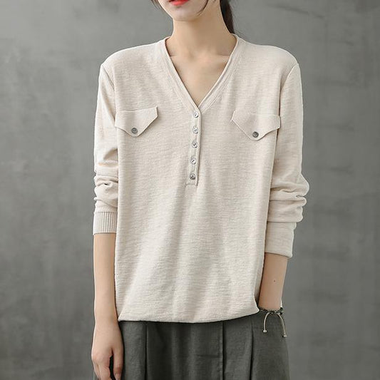 Bohemian beige Blouse v neck Button Down Plus Size Clothing top - SooLinen