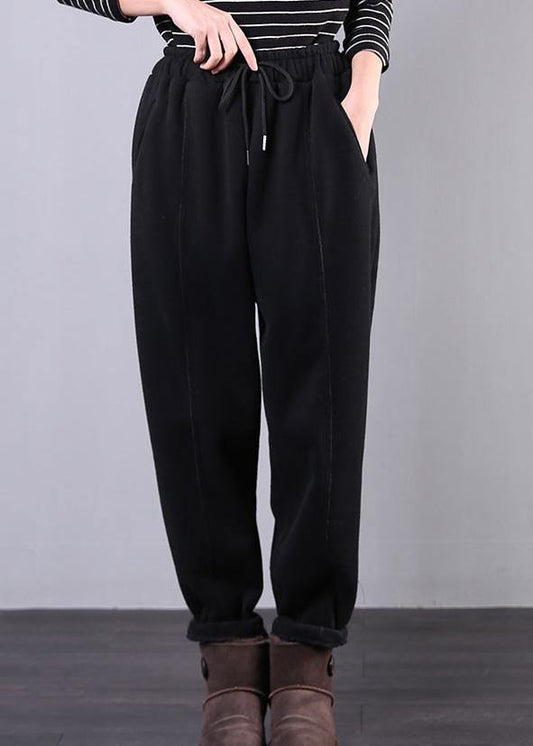 Bohemian fall plus size black Fabrics drawstring pockets pant - SooLinen