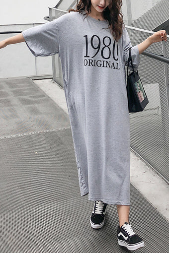 Böhmische Baumwollkleidung mit grauem Aufdruck, Omychic Inspiration, Rundhalsausschnitt, halblange Ärmel, Baumwollroben, Sommerkleid