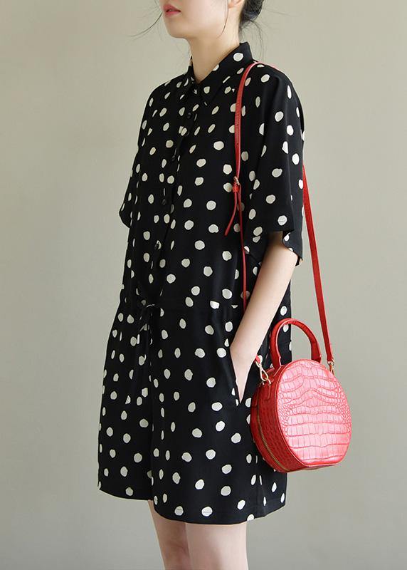Bohemian lapel pockets jumpsuit pants Wardrobes black dotted summer - SooLinen