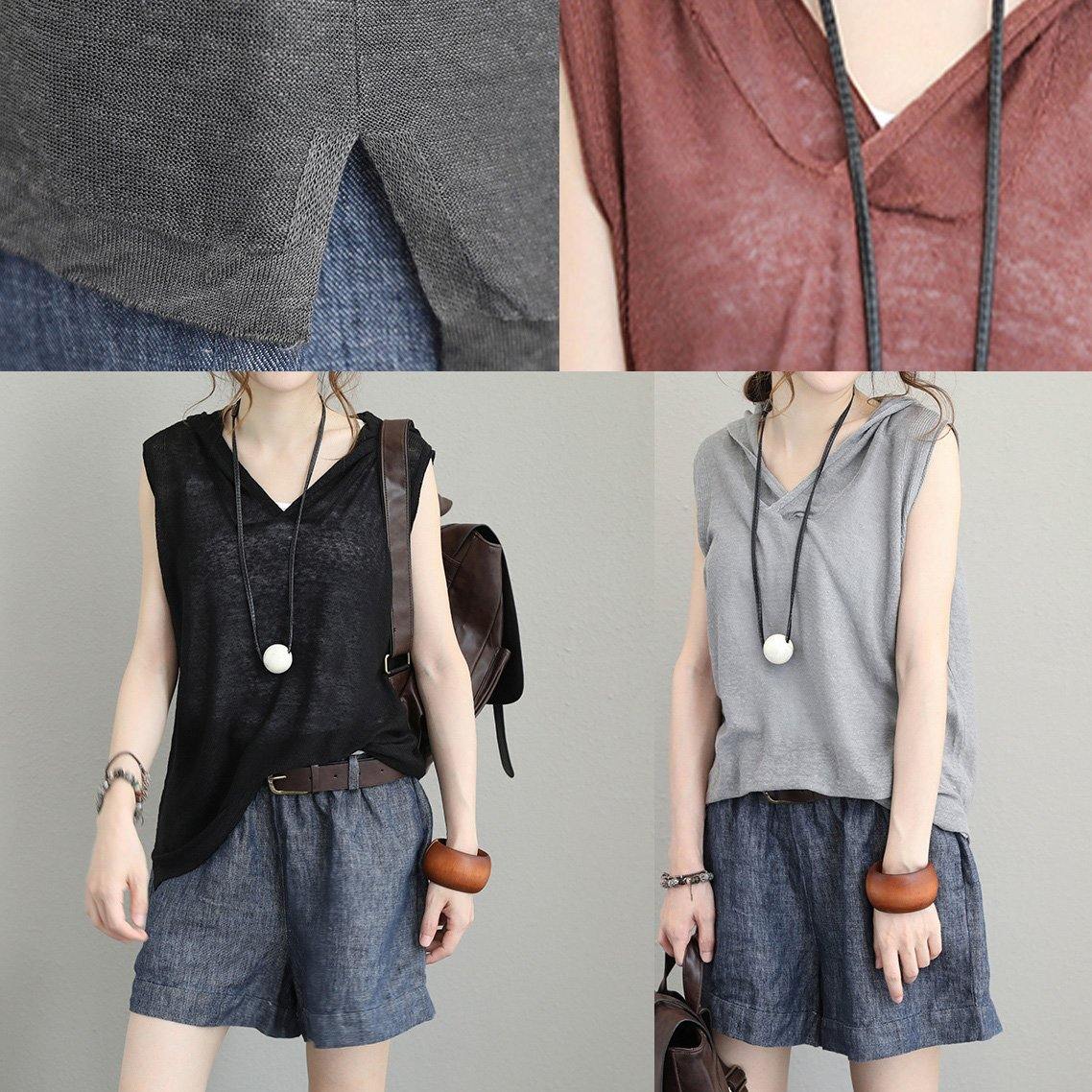 Bohemian light gray cotton Long Shirts Neckline hooded sleeveless top summer - SooLinen