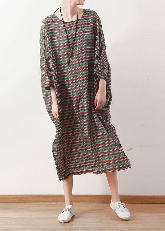 Bohemian o neck Batwing Sleeve linen dress pattern green striped Dress - SooLinen