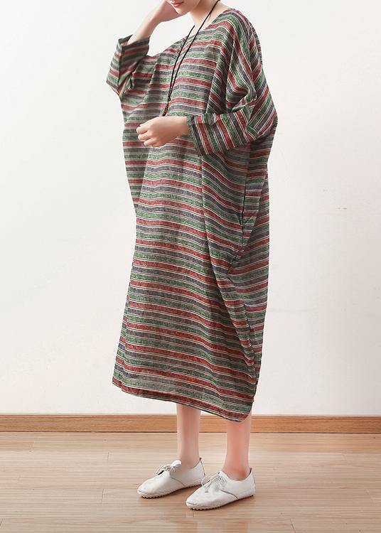 Bohemian o neck Batwing Sleeve linen dress pattern green striped Dress - SooLinen