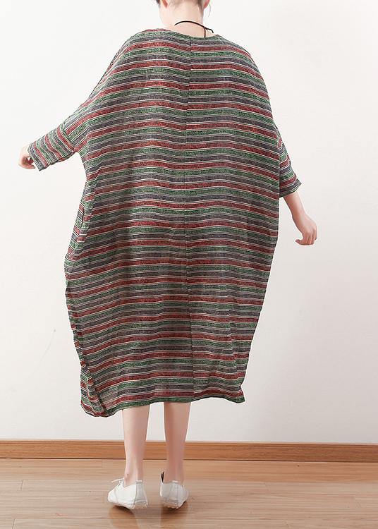 Bohemian o neck Batwing Sleeve linen dress pattern green striped Dress - SooLinen