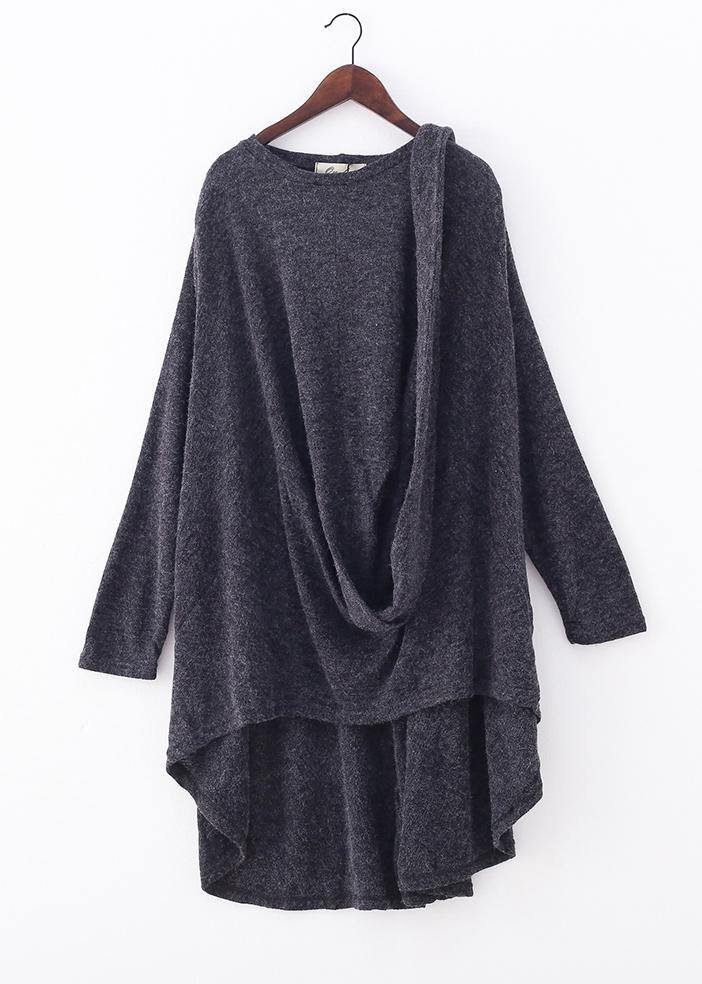 Bohemian o neck asymmetric tunic top Outfits gray shirts - SooLinen