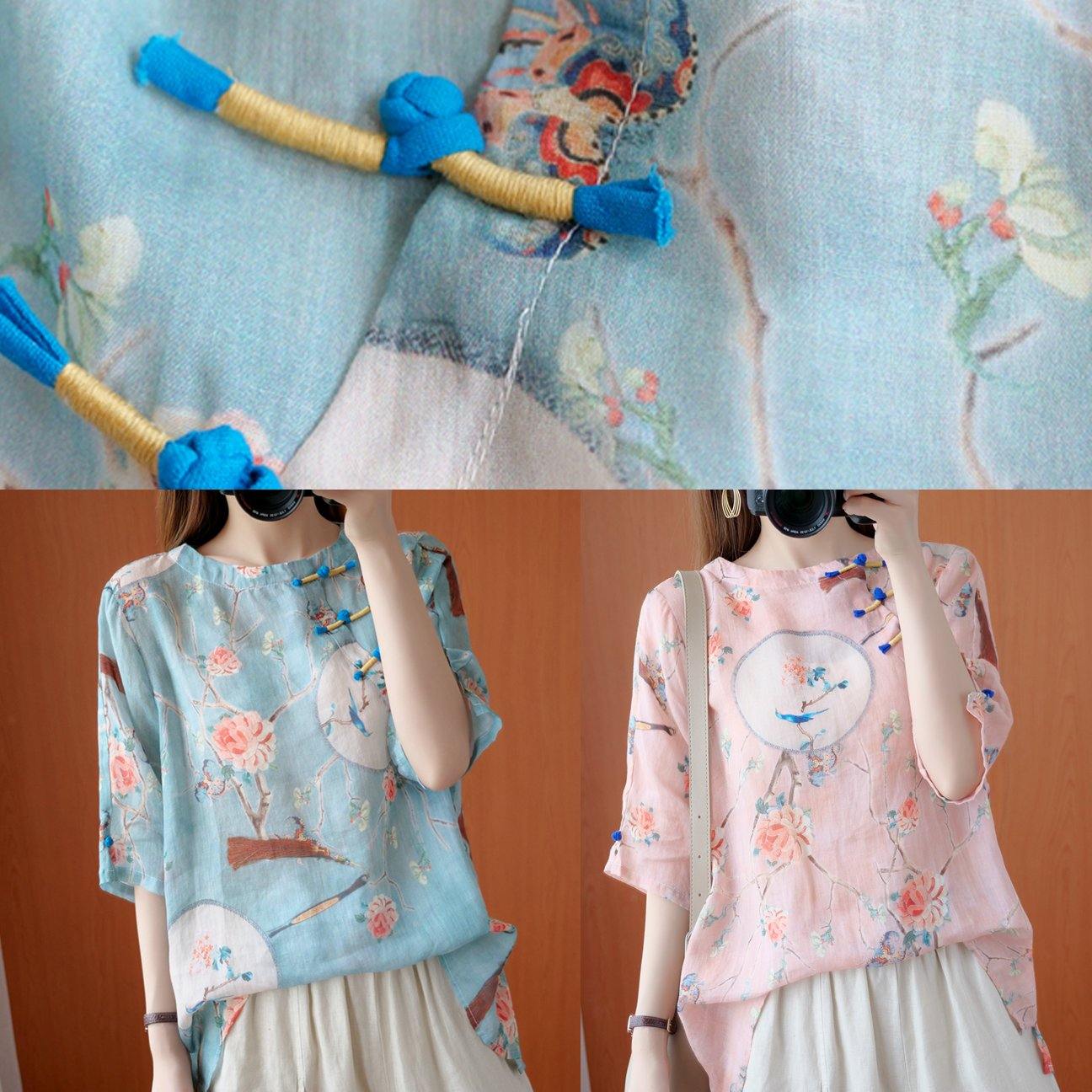 Bohemian o neck half sleeve blouses for women Shirts pink print tops - SooLinen