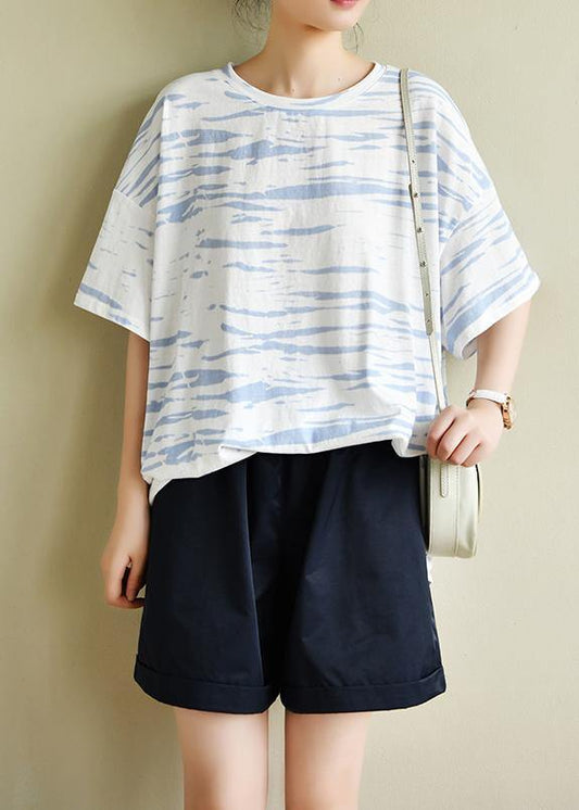 Bohemian o neck half sleeve summer shirts Wardrobes white striped top - SooLinen