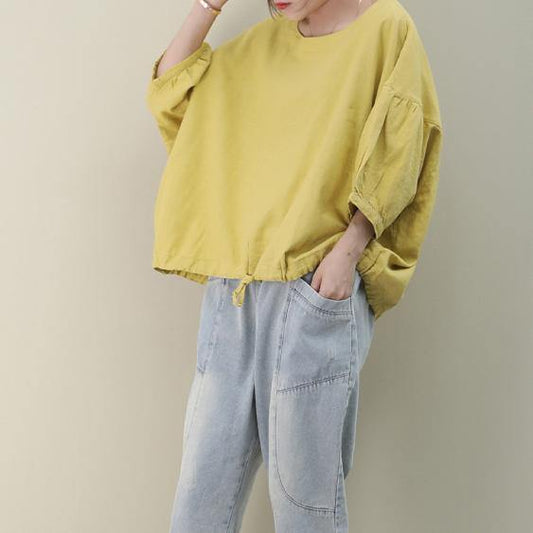 Bohemian o neck lantern sleeve linen box top Shirts yellow shirts - SooLinen