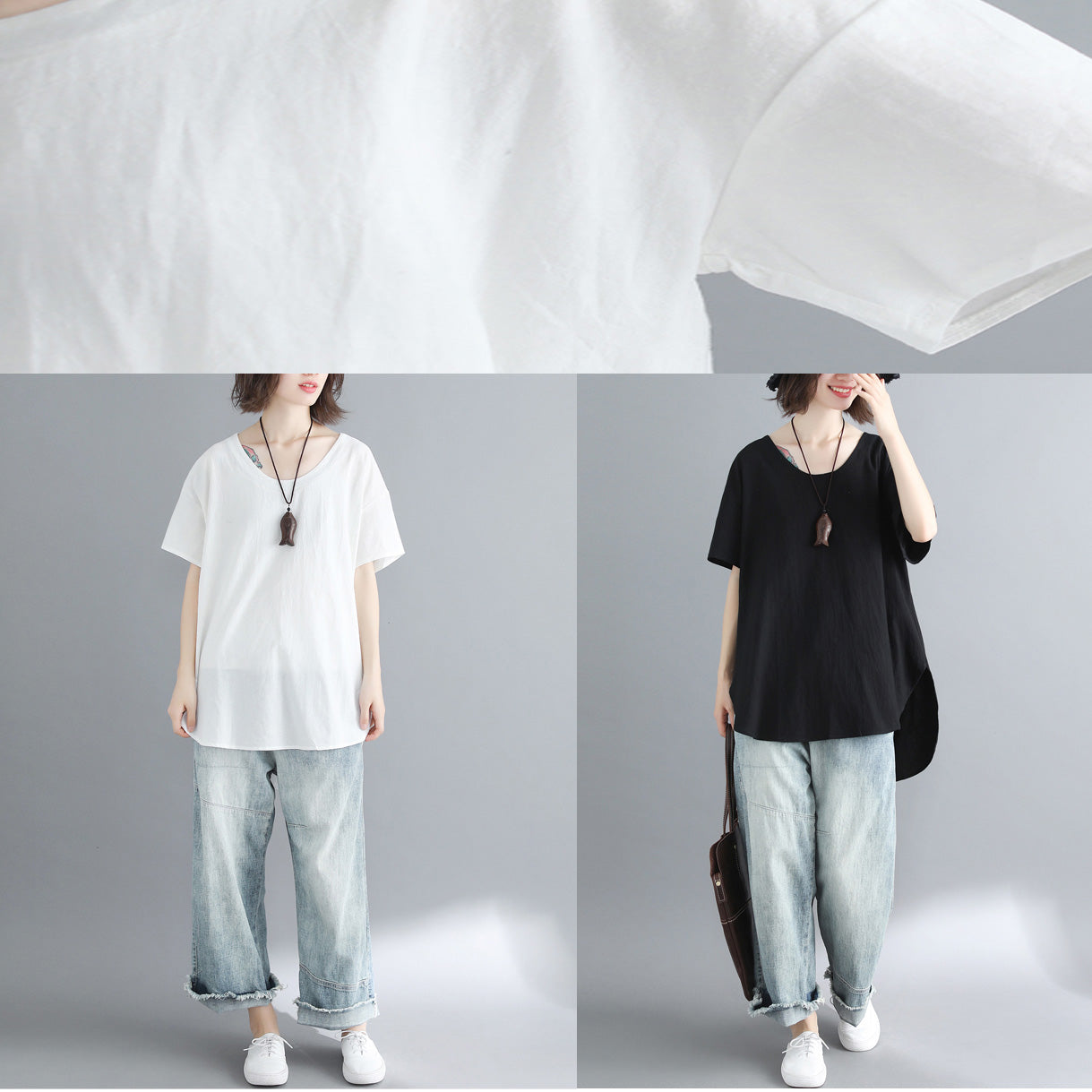 Boho Leinen Tunika Top mit Rundhalsausschnitt Plus Size Work weißes Oversize Top