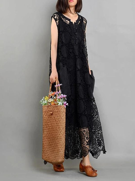 Bohemian pockets asymmetric summer Long black Dress - SooLinen