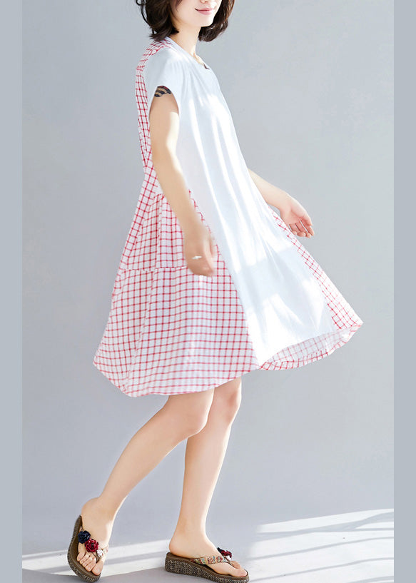 Böhmisches rotes kariertes Baumwollkleid für Damen mit großem Saum, Sommerkleid