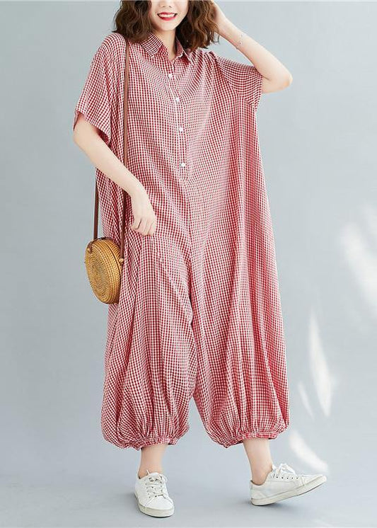 Bohemian red plaidpant Thin summerSewing wild jumpsuit - SooLinen