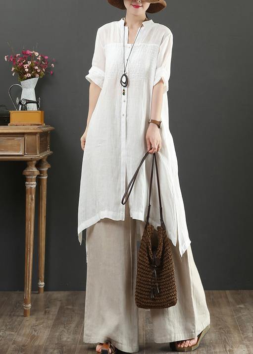 Bohemian white linen crane tops v neck tunic summer blouses - SooLinen