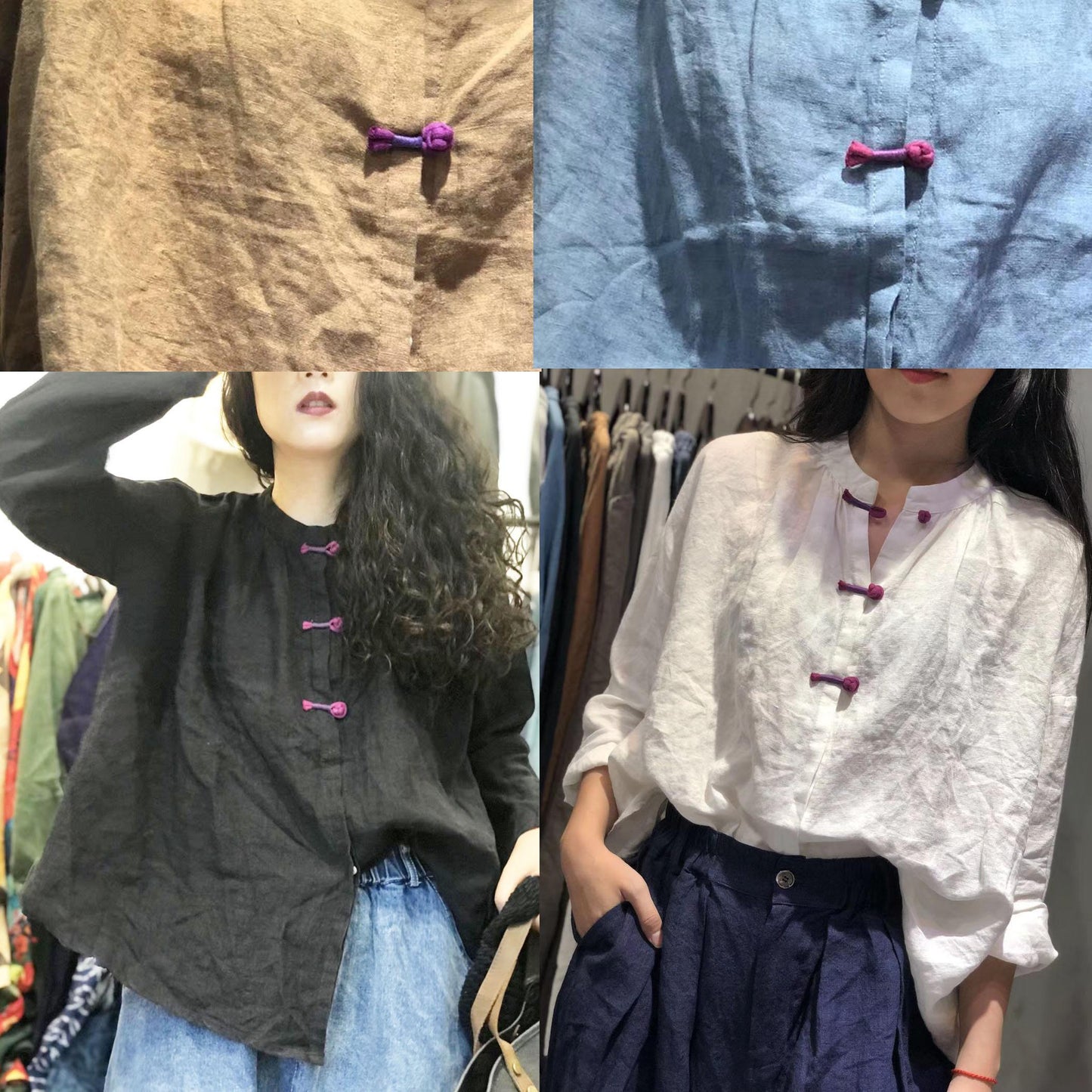 Bohemian white stand collar linen box top Chinese Button Plus Size Clothing fall top - SooLinen