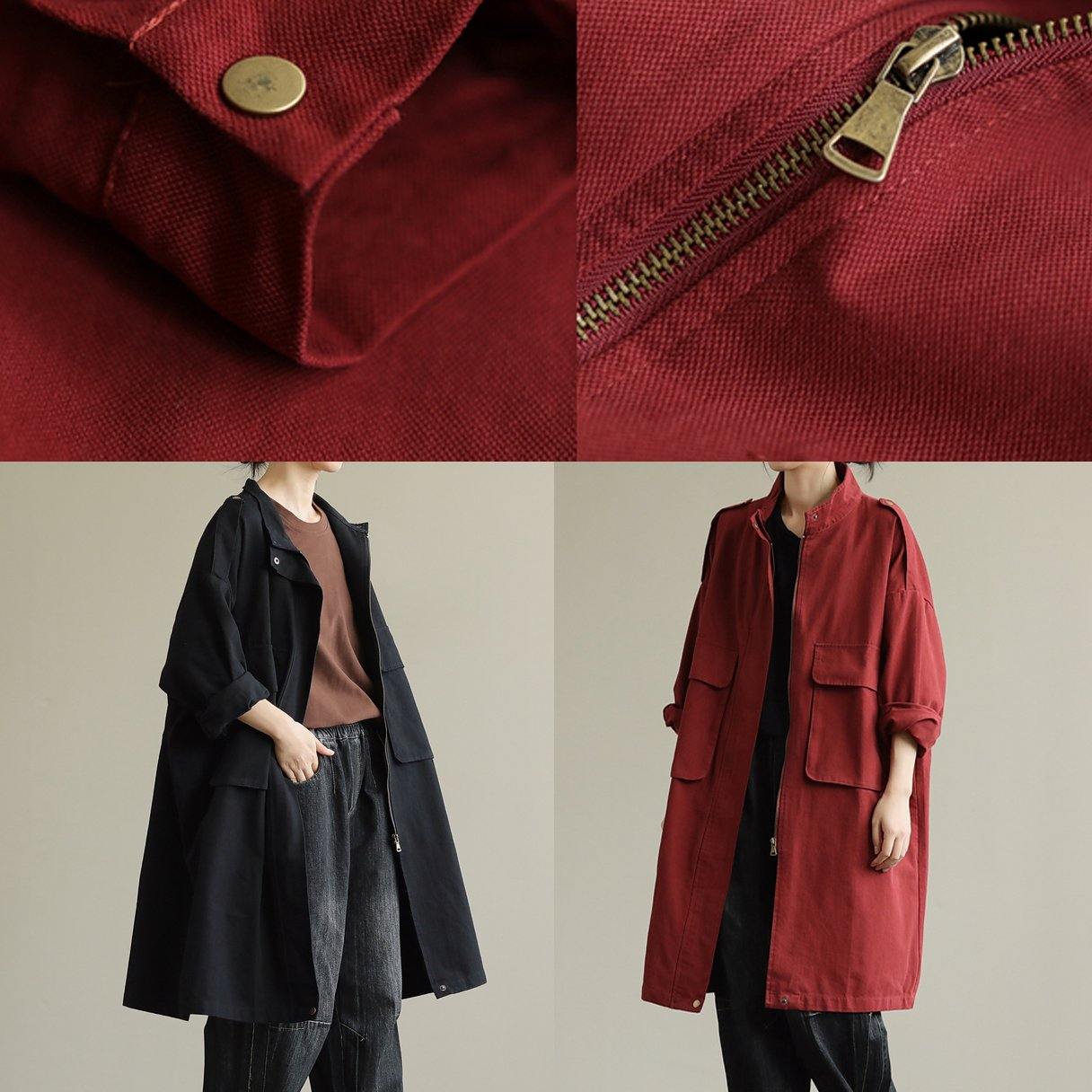 Bohemian zippered pockets fine fall Coats Women red baggy coat - SooLinen