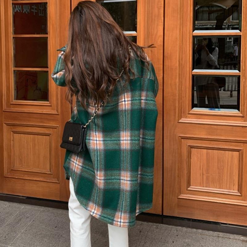 Bohemian Lapel Pockets Spring Shirts Green Plaid Top - SooLinen