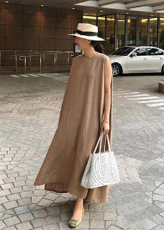 Bohemian O Neck Seite Offen Leinen Baumwolle Kleidung Stoffe Schwarz Kleid