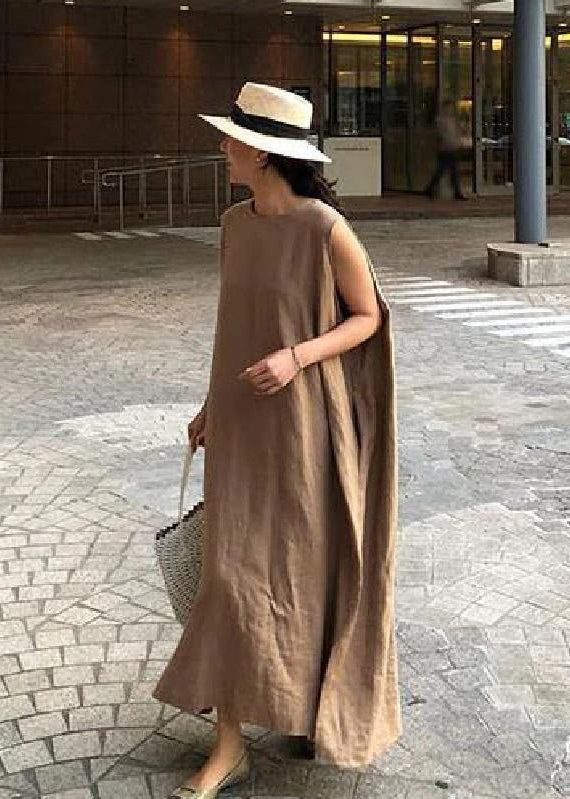 Bohemian O Neck Seite Offen Leinen Baumwolle Kleidung Stoffe Schwarz Kleid