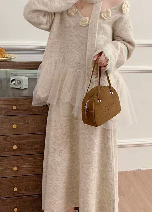 Boho Beige Floral Patchwork Knit Two Piece Set Women Clothing Winter