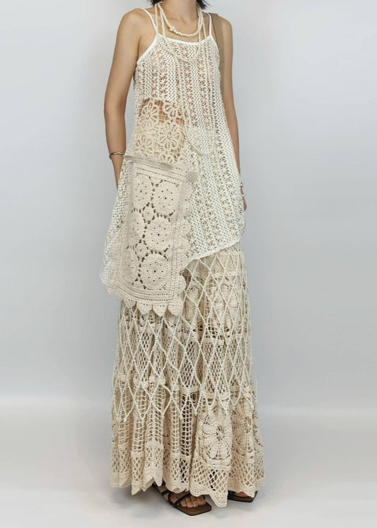 Boho Beige Hollow Out Asymmetrical Design Knit Two-Piece Set Summer