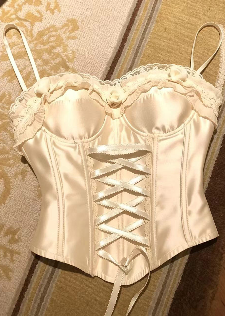 Boho Beige Lace Up Patchwork Lace Two Pieces Set Summer