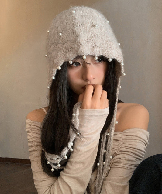 Boho Beige Tassel Nail Bead Knit Bonnie Hat
