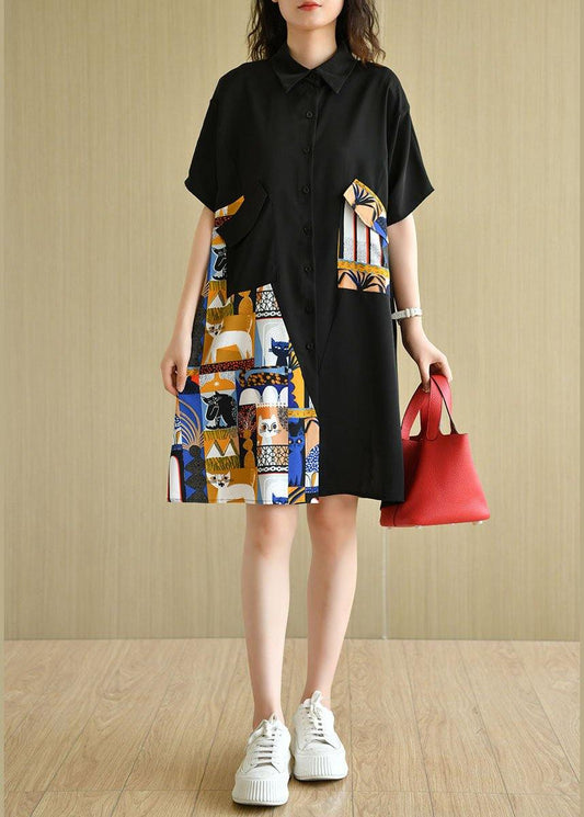 Boho Black Casual Patchwork Print Summer Party Dresses - SooLinen