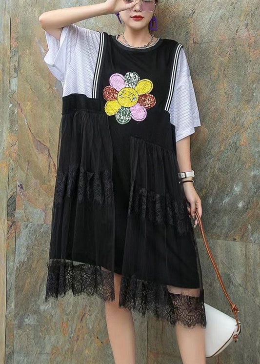 Boho Schwarz Nagelperlen Print Asymmetrisches Design Patchwork Herbst Mittelkleid Halbarm