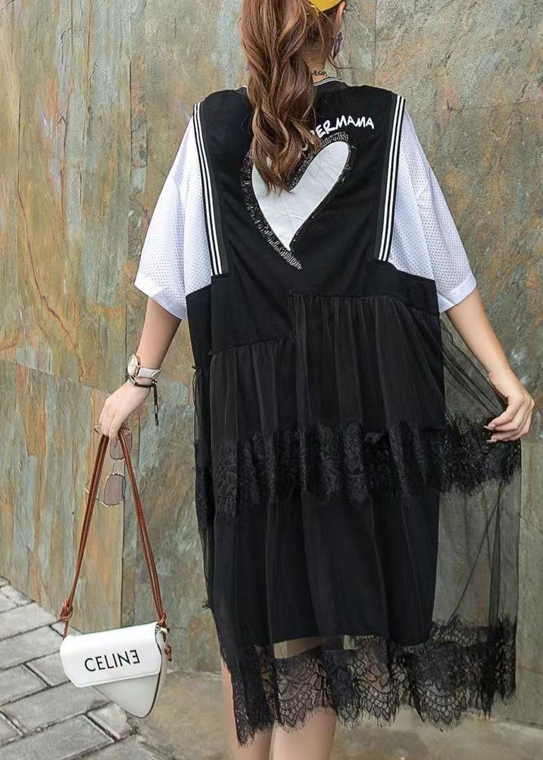 Boho Schwarz Nagelperlen Print Asymmetrisches Design Patchwork Herbst Mittelkleid Halbarm