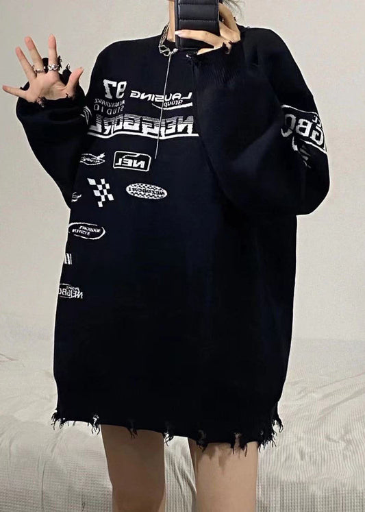 Boho Schwarzer O-Ausschnitt Grafik Lose Herbst Strickpullover