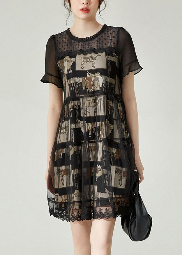 Boho Schwarz O-Ausschnitt Patchwork Tüll Midikleid Sommer