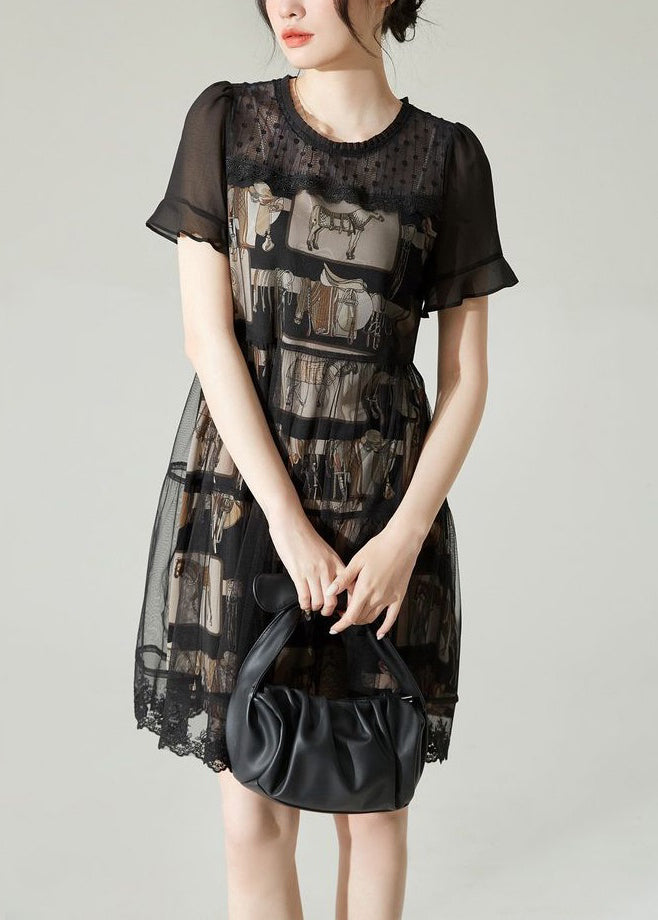 Boho Schwarz O-Ausschnitt Patchwork Tüll Midikleid Sommer