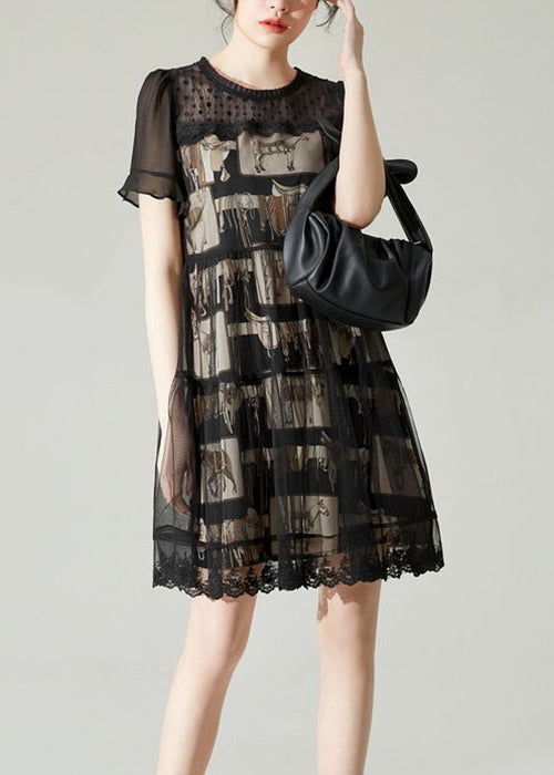 Boho Schwarz O-Ausschnitt Patchwork Tüll Midikleid Sommer