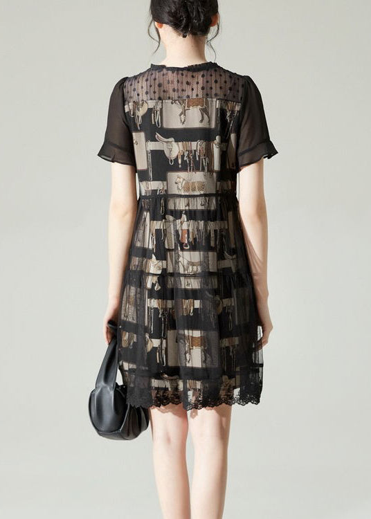Boho Schwarz O-Ausschnitt Patchwork Tüll Midikleid Sommer