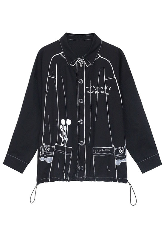 Boho Schwarz Print Kordelzug Knopf Herbst Langarmshirts