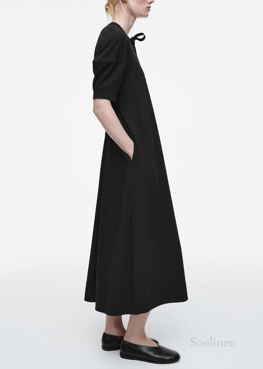 Boho Black Puff Sleeve Tie Waist Cotton Party Dress